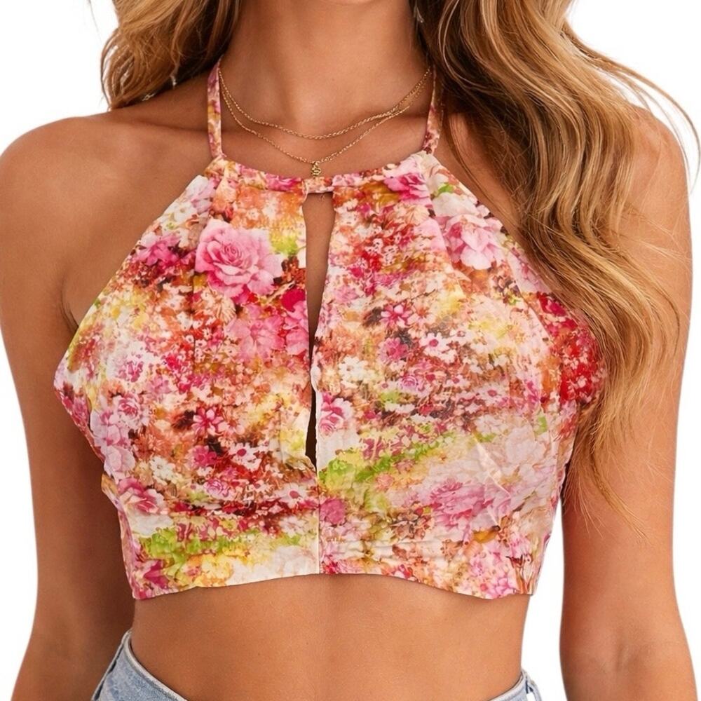 Solaris Style Floral Halter Crop Top Large Keyhole Front Boho Summer